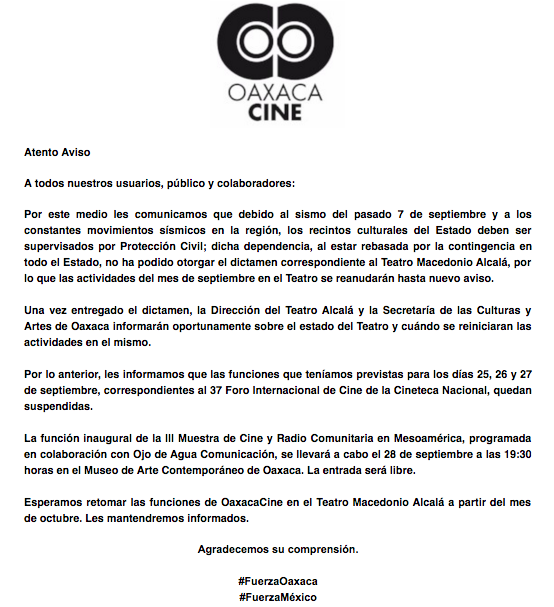 Oaxaca Cine comunicado septiembre 2017