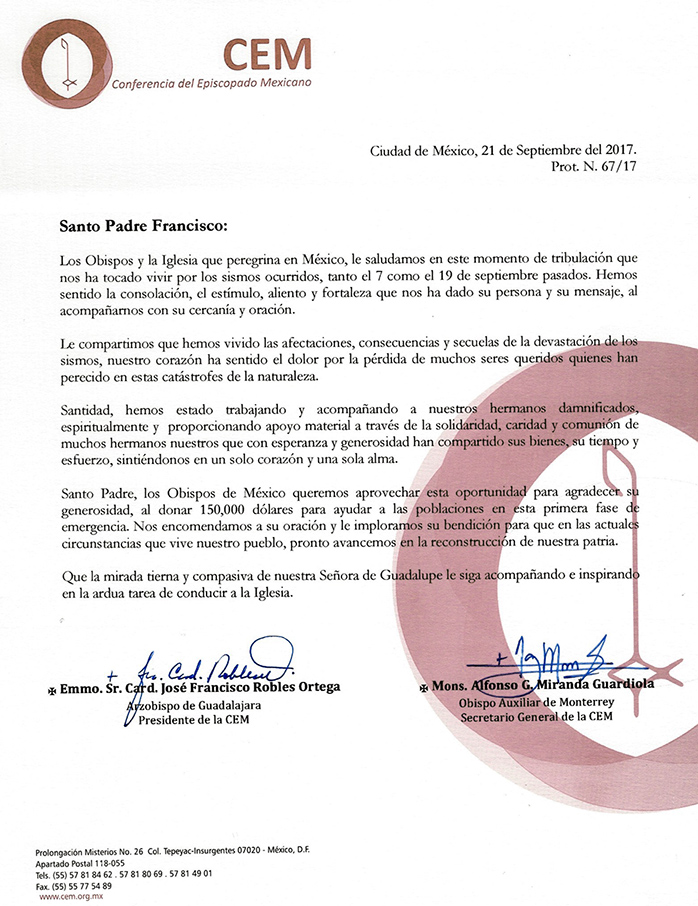 carta agradecimiento CEM a PAPA sismo sep17